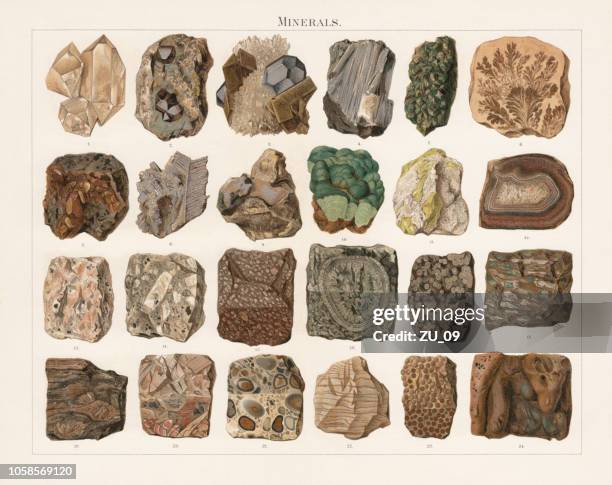 ilustraciones, imágenes clip art, dibujos animados e iconos de stock de minerales y piedras, litografía, publicadas en 1897 - estrato de roca
