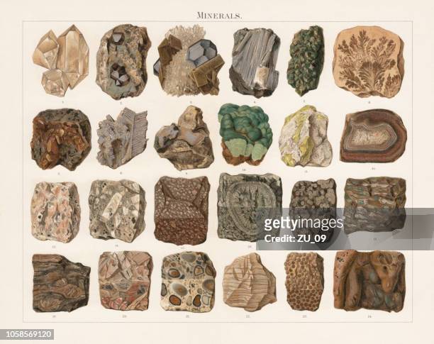 minerals and stones, lithograph, published in 1897 - conglomerate stock illustrations