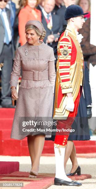 Queen Maxima of the Netherlands attends a ceremonial welcome at Horse Guards Parade as she and King Willem-Alexander of the Netherlands begin a two...