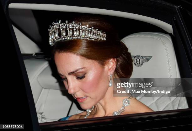 Catherine, Duchess of Cambridge departs Kensington Palace to attend a State Banquet at Buckingham Palace on day one of King Willem-Alexander of the...