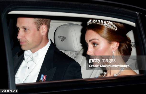 Prince William, Duke of Cambridge and Catherine, Duchess of Cambridge depart Kensington Palace to attend a State Banquet at Buckingham Palace on day...