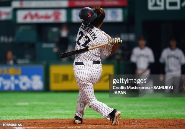 Outfielder Yuki Yanagita of Japan swings in the bottom of 7th inning during the baseball friendly between Japan and Chinese Taipei at Fukuoka...