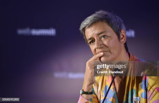 Margrethe Vestager, European Commission, attends a press conference during the second day of Web Summit 2018, the global technology conference hosted...