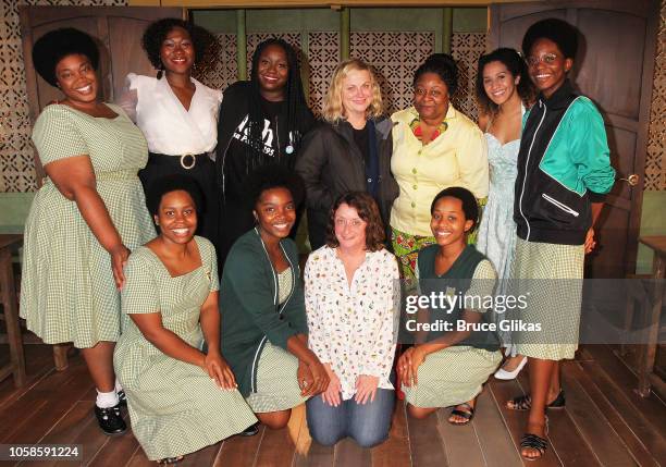 Amy Poehler and Rachel Dratch pose backstage with playwright Jocelyn Bioh and the cast at the hit MCC comedy School Girls, Or, The African Mean...