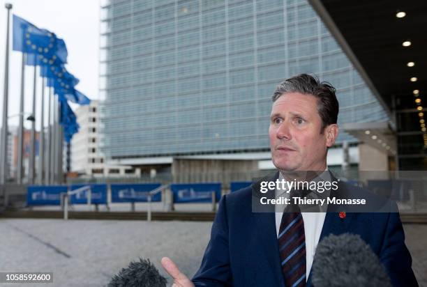 Shadow Secretary of State for Exiting the European Union Sir Keir Starmer KCB QC speaks to the media ahead of his meeting with the EU officials in...