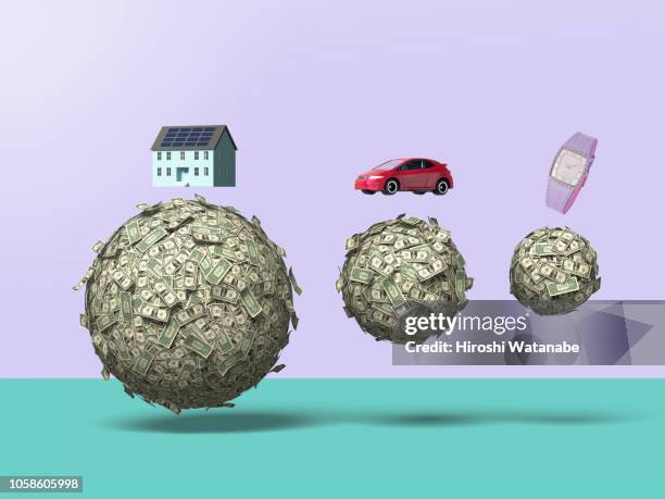 money balls in mid air with house, car, watch. ( us dollar ) - air vehicle imagens e fotografias de stock
