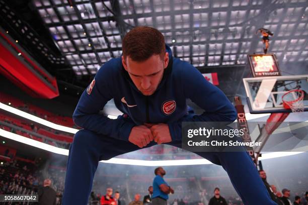 Jon Leuer of the Detroit Pistons stretches before the game against the Miami Heat on November 5, 2018 at Little Caesars Arena in Detroit, Michigan....