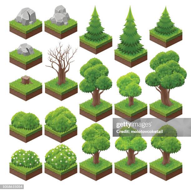 spiel-assets isometrische landschaft 2 - trees stock-grafiken, -clipart, -cartoons und -symbole