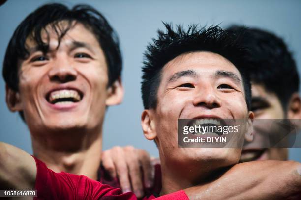Wu Lei of Shanghai SIPG celebrates a goal during the 2018 Chinese Super League title match between Shanghai SIPG v Beijing Renhe at Shanghai Stadium...