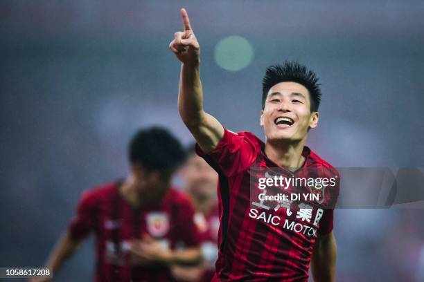 Wu Lei of Shanghai SIPG celebrates a goal during the 2018 Chinese Super League title match between Shanghai SIPG v Beijing Renhe at Shanghai Stadium...
