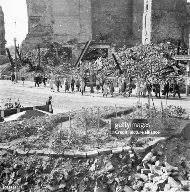The photo by famous photographer Richard Peter sen. Shows the cultivation of vegetables on rubble in front of a tram station on a cleaned street in...