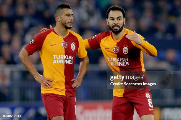 Younes Belhanda of Galatasaray, Selcuk Inan of Galatasaray during the UEFA Champions League match between Schalke 04 v Galatasaray at the Veltins...