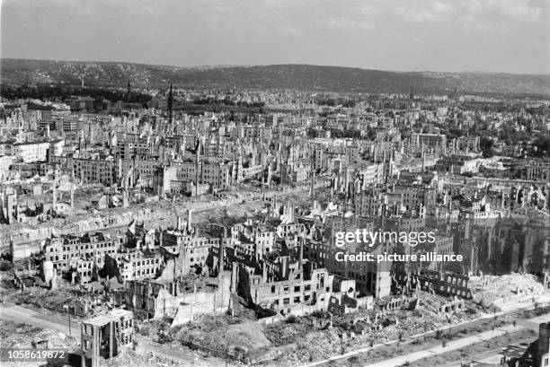 View from the Town Hall tower overlooking the Grunaer Straße and the towers of the St. John's Church and the Trinitatiskirche of the destroyed...