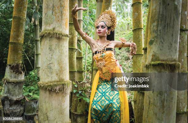 young traditional bali dancer in a bamboo forest - bali dancing stock pictures, royalty-free photos & images