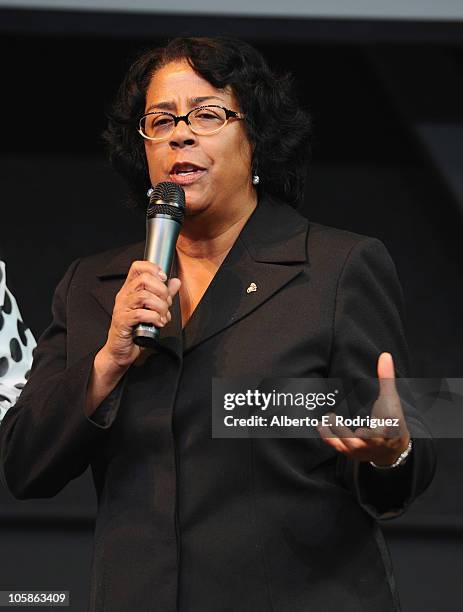 Councilwoman Jan Perry speaks at a reception at Inner City Arts on October 20, 2010 in Los Angeles, California.