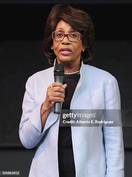 Congresswoman Maxine Waters speaks at a reception at Inner City Arts on October 20, 2010 in Los Angeles, California.