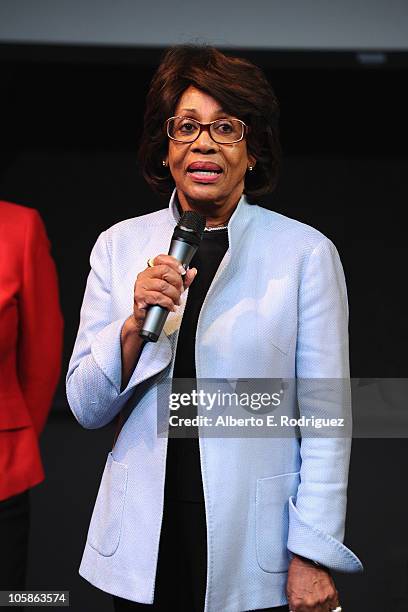 Congresswoman Maxine Waters speaks at a reception at Inner City Arts on October 20, 2010 in Los Angeles, California.