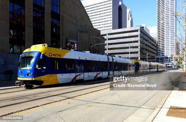 Transit train makes its way along 6th Street downtown in Minneapolis, Minnesota on October 13, 2018.