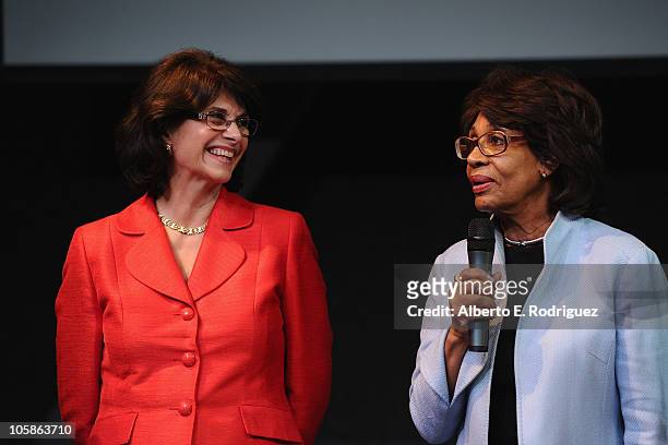 Congresswoman Lucille Roybal-Allard and congresswoman Maxine Waters speak at a reception at Inner City Arts on October 20, 2010 in Los Angeles,...