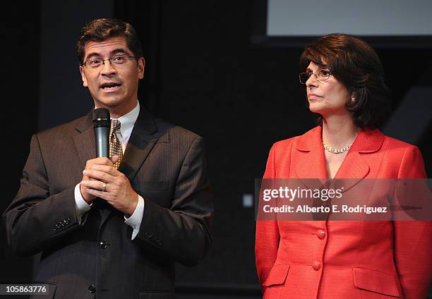 Congressman Xavier Becerra and congresswoman Lucille Roybal-Allard speak at a reception at Inner City Arts on October 20, 2010 in Los Angeles,...