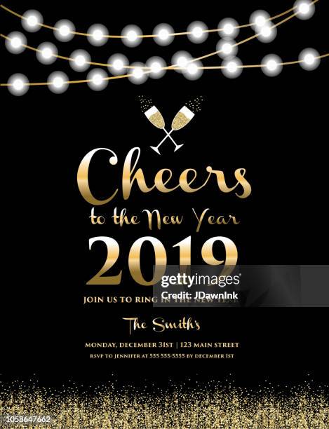 new years 2019 greeting card design banner with text - twinkle lights stock illustrations