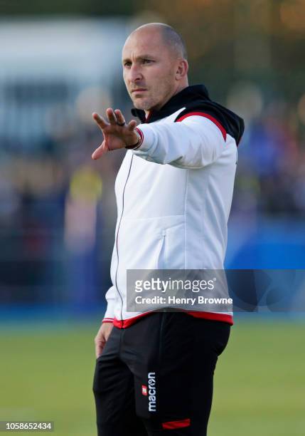 Pierre Mignoni of Lyon during the Champions Cup match between Saracens and Lyon Olympique Universitaire at Allianz Park on October 20, 2018 in...