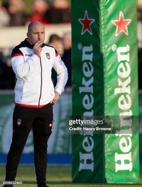 Pierre Mignoni of Lyon during the Champions Cup match between Saracens and Lyon Olympique Universitaire at Allianz Park on October 20, 2018 in...