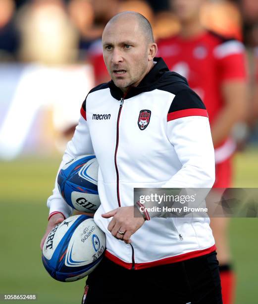 Pierre Mignoni of Lyon during the Champions Cup match between Saracens and Lyon Olympique Universitaire at Allianz Park on October 20, 2018 in...