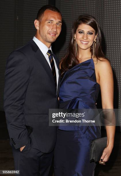 Quade Cooper and Stephanie Rice arrive at the 2010 John Eales Medal at Carriageworks on October 21, 2010 in Sydney, Australia.