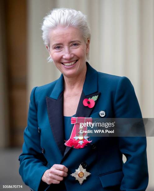 Actress Emma Thompson leaves Buckingham Palace after receiving her damehood at an Investiture ceremony on November 7, 2018 in London, England. Ms...