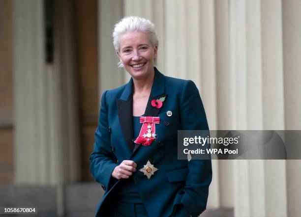 Actress Emma Thompson leaves Buckingham Palace after receiving her damehood at an Investiture ceremony on November 7, 2018 in London, England. Ms...