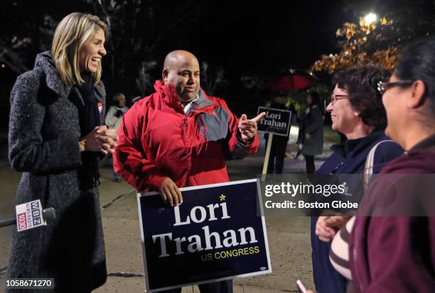 Lori Trahan, the Democratic candidate for the open Massachusetts Third Congressional District seat, left, talks to voters as she makes a campaign...
