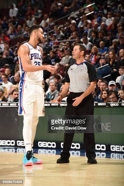 Ben Simmons of the Philadelphia 76ers and NBA Referee Brian Forte talk during the game against the Detroit Pistons on November 3, 2018 at the Wells...
