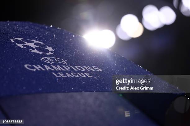 The Champions League logo is seen prior to the UEFA Champions League Group F match between Olympique Lyonnais and TSG 1899 Hoffenheim at Groupama...