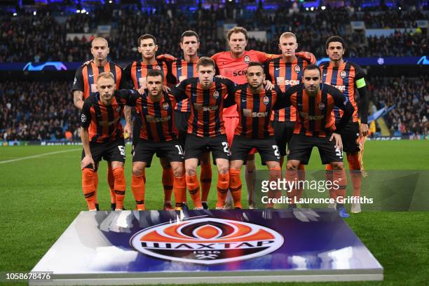 Shakhtar Donetsk pose for a team photo ahead of the Group F match of the UEFA Champions League between Manchester City and FC Shakhtar Donetsk at...