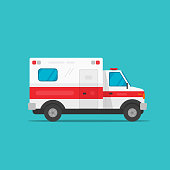 Ambulance emergency automobile car vector illustration, flat cartoon medical vehicle auto side view isolated clipart