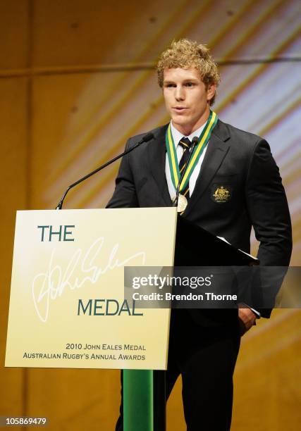 David Pocock addresses the audience after winning the John Eales Medal during the 2010 John Eales Medal at Carriageworks on October 21, 2010 in...