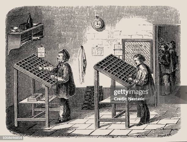 men working at type-cases - old printer stock illustrations