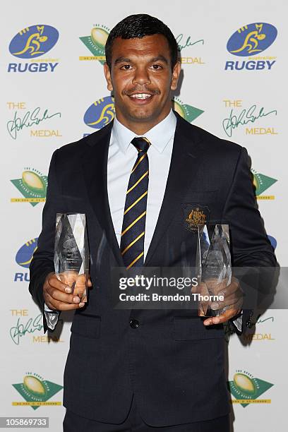 Kurtley Beale poses with the Try of the Year Award and The Rookie of the Year Award following the 2010 John Eales Medal at Carriageworks on October...