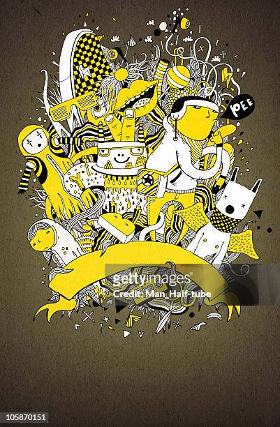 yellow, black, and white doodle poster - eccentric stock illustrations