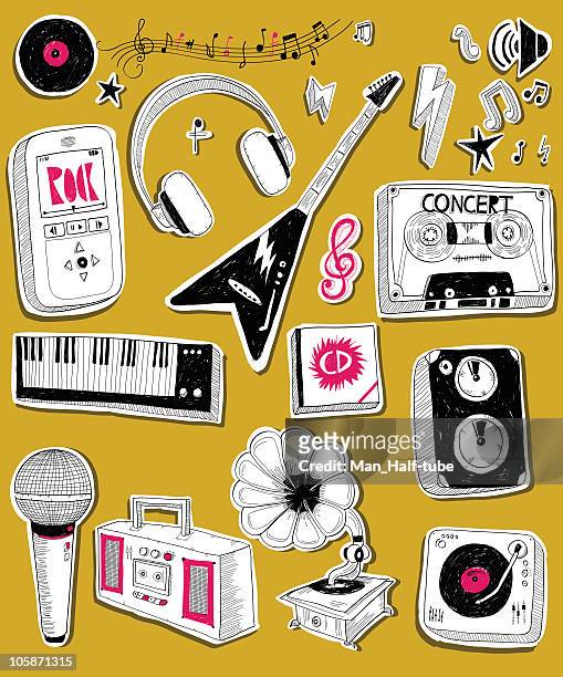 musik und kritzeleien - audio cassette stock-grafiken, -clipart, -cartoons und -symbole