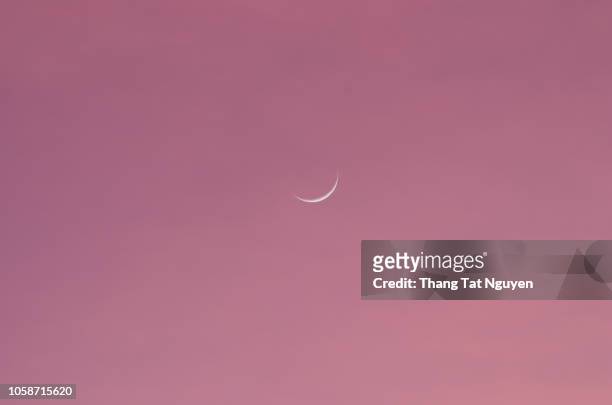 crescent moon in sunset pink cloud - crescent foto e immagini stock