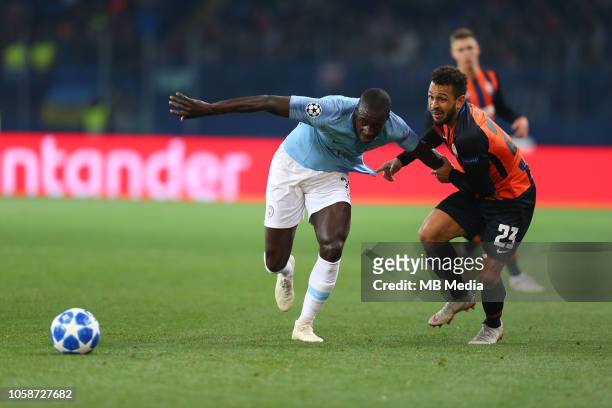 Benjamin Mendy of Manchester City battles with Wellington Nem of Shakhtar Donetsk during the Group F match of the UEFA Champions League between FC...