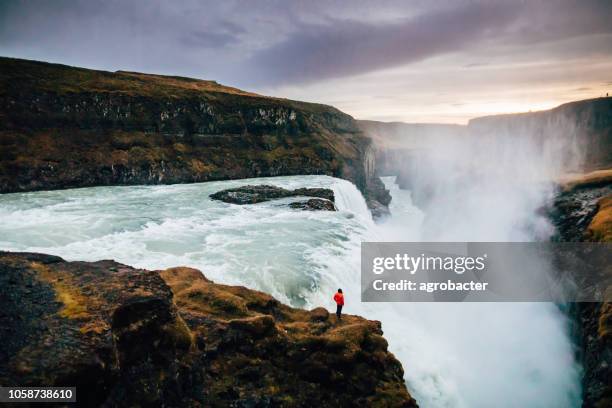 beautiful view at icelandic gullfoss waterfall - gullfoss waterfall stock pictures, royalty-free photos & images