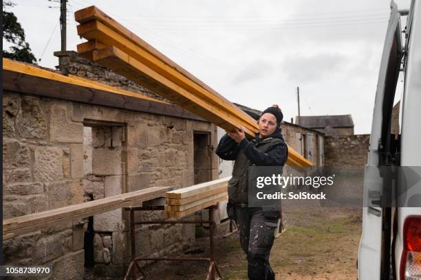 female blue collar worker carrying materials - collecting wood stock pictures, royalty-free photos & images