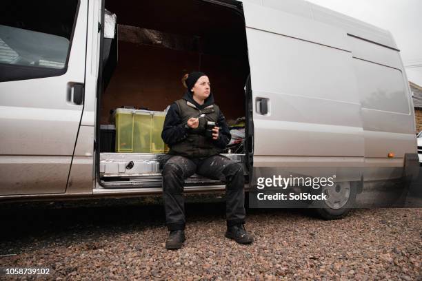 construction worker taking a break - tradesman van stock pictures, royalty-free photos & images
