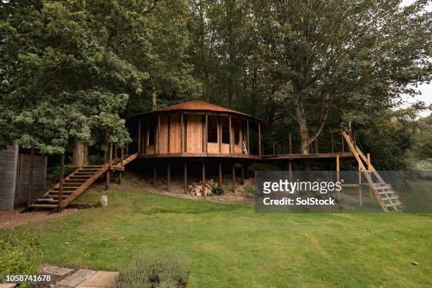 luxury garden treehouse - hut stock pictures, royalty-free photos & images