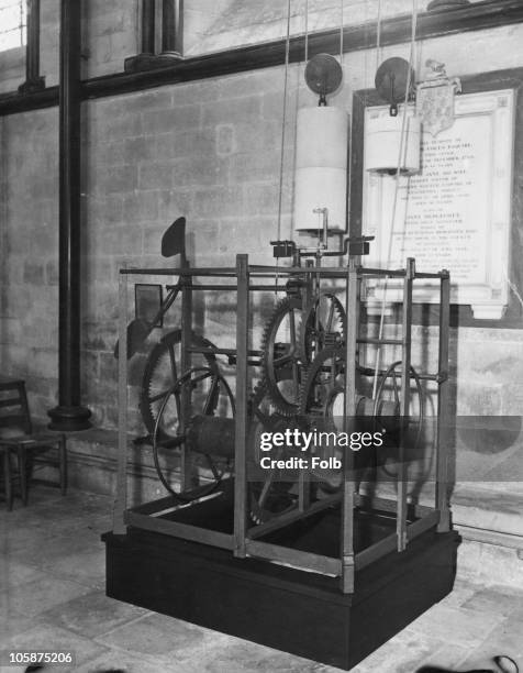 Side view of the mechanism of the Salisbury Cathedral clock in the north aisle of Salisbury Cathedral, Wiltshire, shortly after its restoration, 18th...