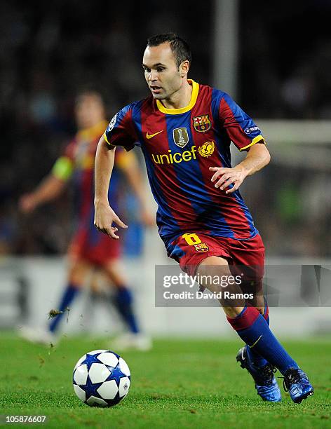 Andres Iniesta of Barcelona runs with ball during the UEFA Champions League group D match between Barcelona and FC Copenhagen at the Camp nou stadium...