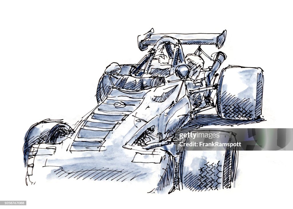 Classic Formula Racecar 1969 Ink Drawing and Watercolor